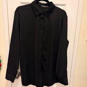 Women's Black long sleeve button up silk blouse, size XXL
